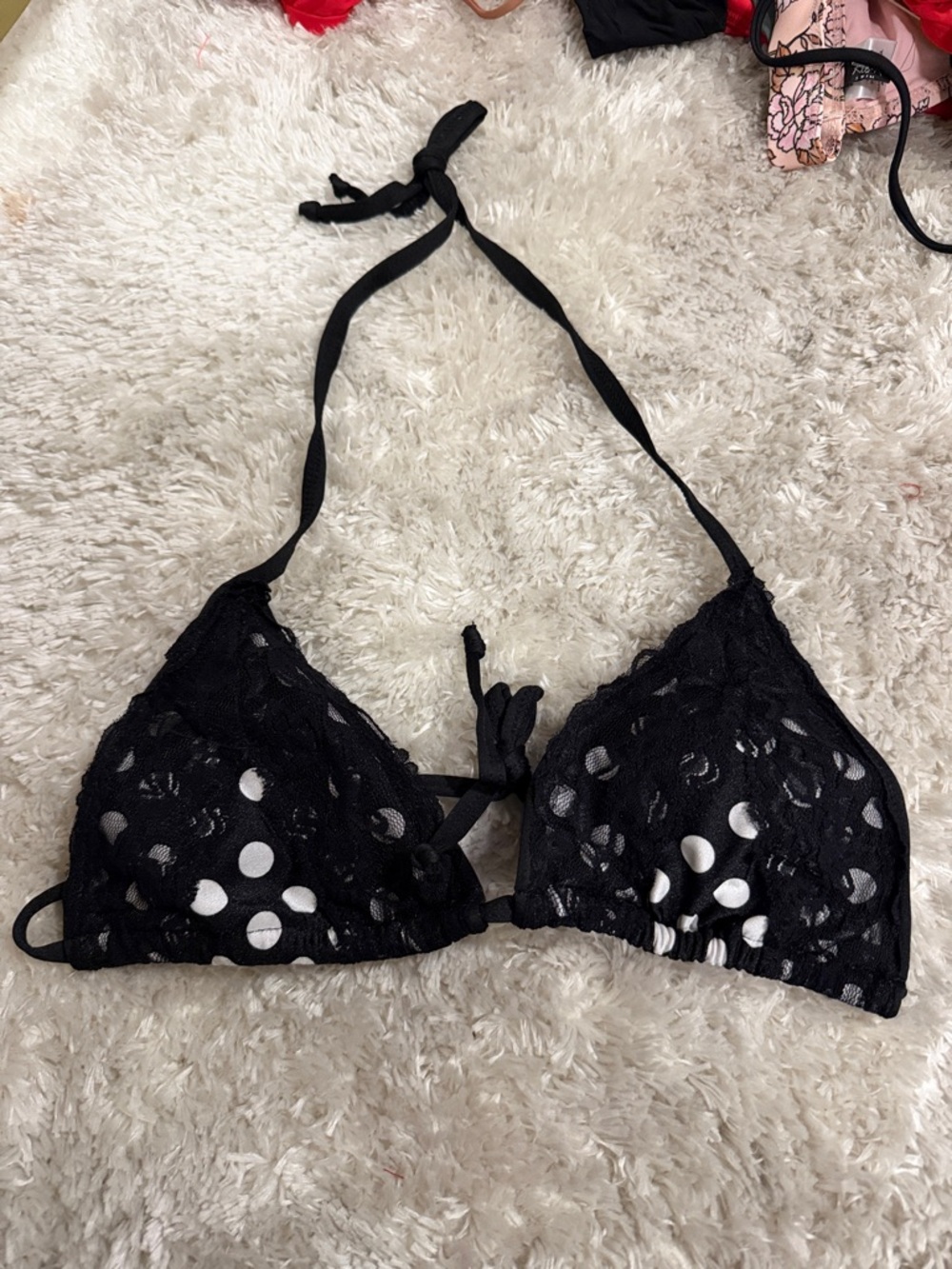 Dippin' Daisy's Black Lace Triangle Bikini Top with White Polka Dot